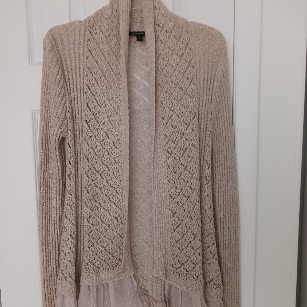 Jessica Simpson Women Beige Open Weave Cardigan Ruffle Hem Medium